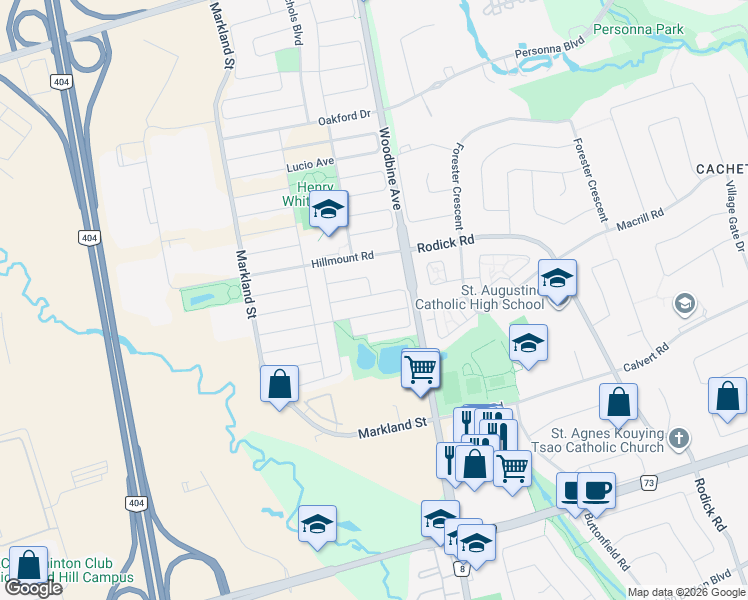 map of restaurants, bars, coffee shops, grocery stores, and more near 103 Southbrook Crescent in Markham