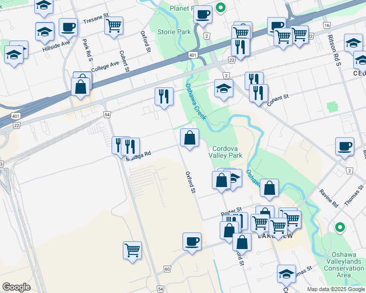 map of restaurants, bars, coffee shops, grocery stores, and more near 223 Malaga Road in Oshawa
