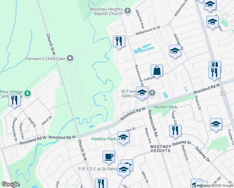 map of restaurants, bars, coffee shops, grocery stores, and more near 17 Macintyre Lane in Ajax