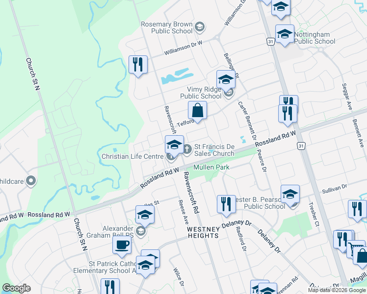 map of restaurants, bars, coffee shops, grocery stores, and more near 3 Dent Street in Ajax