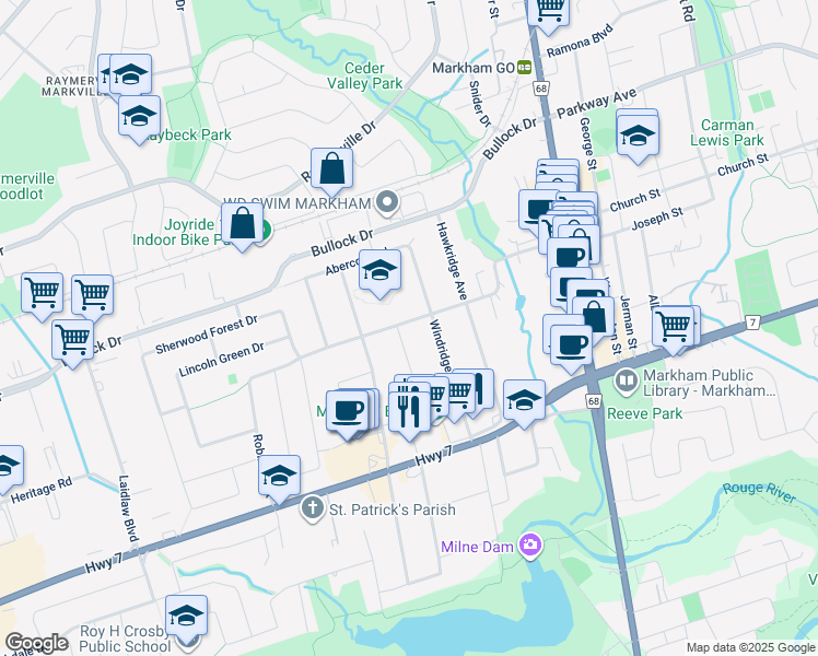 map of restaurants, bars, coffee shops, grocery stores, and more near 27 Jonquil Crescent in Markham