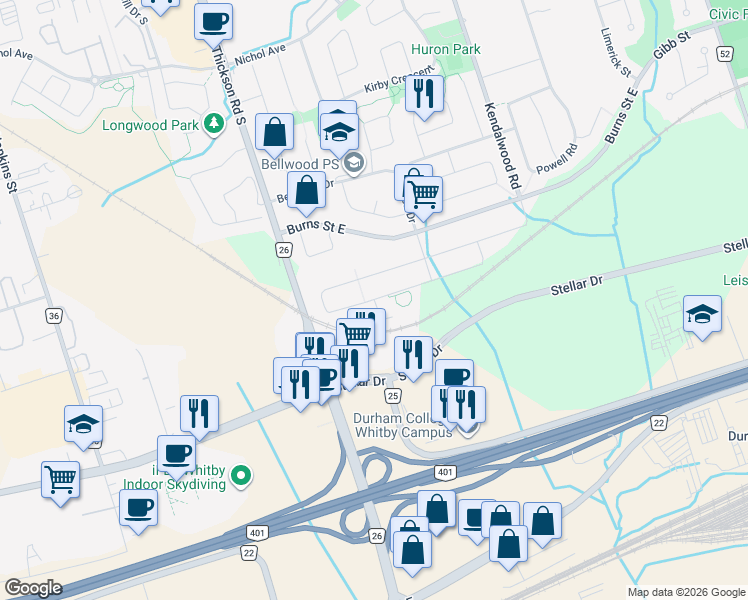 map of restaurants, bars, coffee shops, grocery stores, and more near Oceanpearl Crescent in Whitby