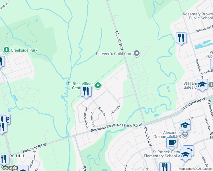 map of restaurants, bars, coffee shops, grocery stores, and more near 77 Hurst Drive in Ajax