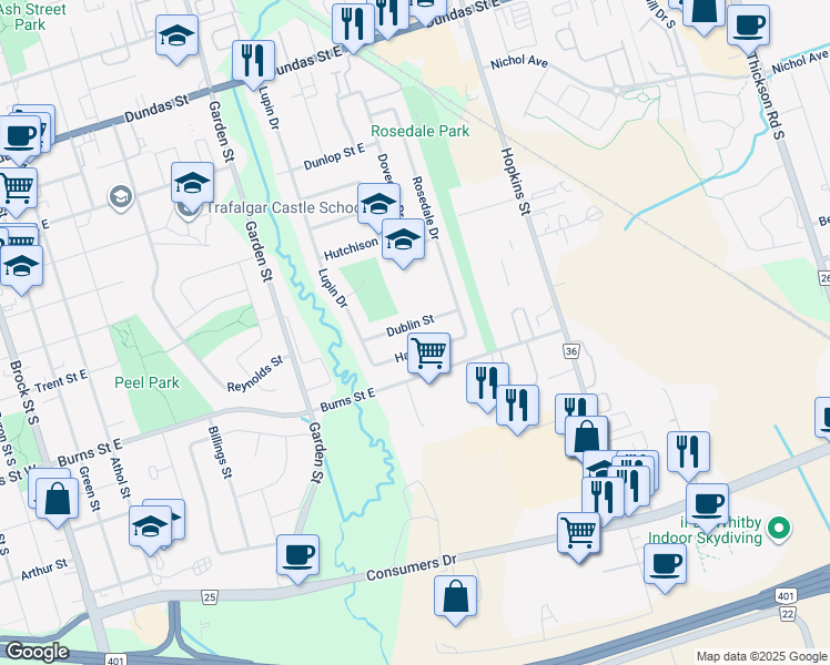 map of restaurants, bars, coffee shops, grocery stores, and more near 919 Dublin Street in Whitby