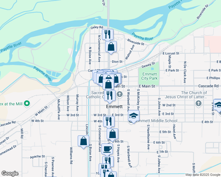 map of restaurants, bars, coffee shops, grocery stores, and more near 124 South Washington Avenue in Emmett