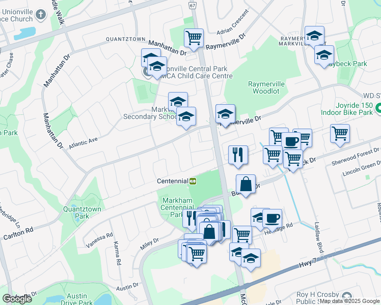 map of restaurants, bars, coffee shops, grocery stores, and more near Snowdon Circle in Markham