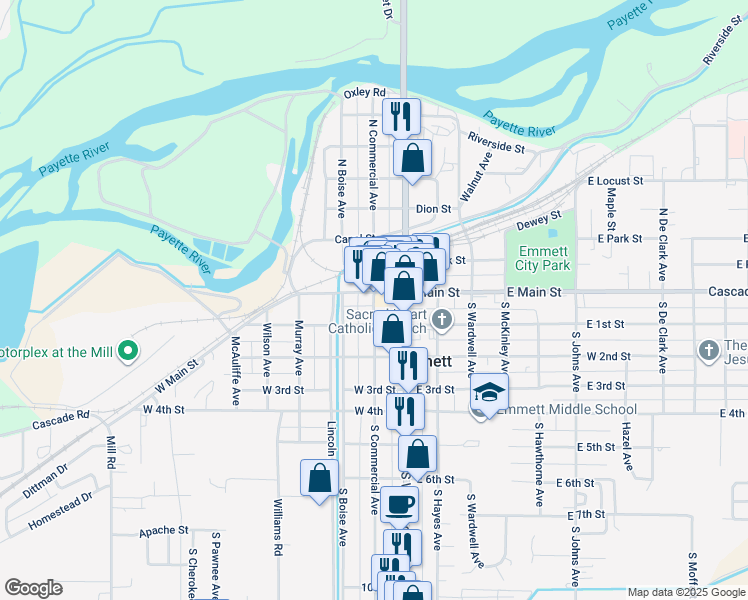 map of restaurants, bars, coffee shops, grocery stores, and more near 121 South Commercial Avenue in Emmett