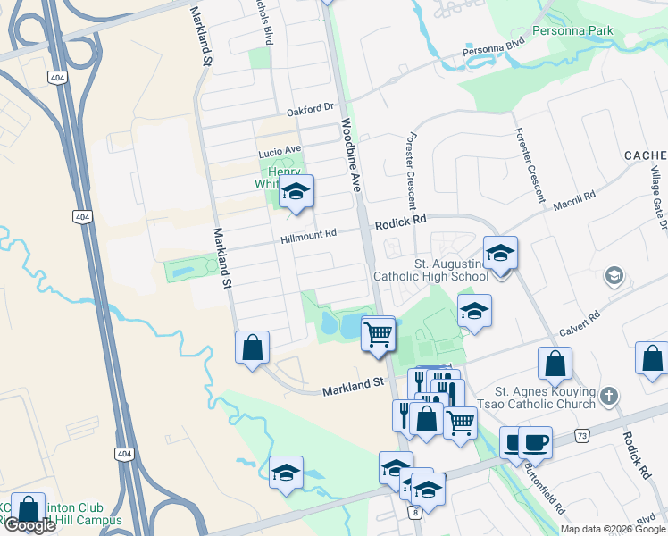 map of restaurants, bars, coffee shops, grocery stores, and more near Southbrook Crescent in Markham