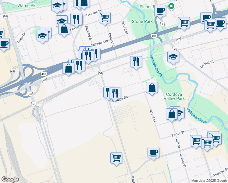 map of restaurants, bars, coffee shops, grocery stores, and more near 781 Park Road South in Oshawa