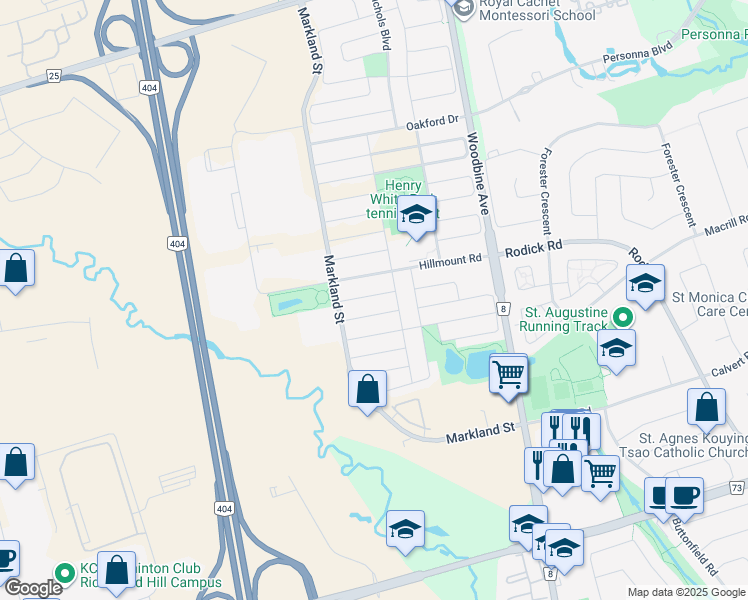map of restaurants, bars, coffee shops, grocery stores, and more near 27 Whitford Road in Markham
