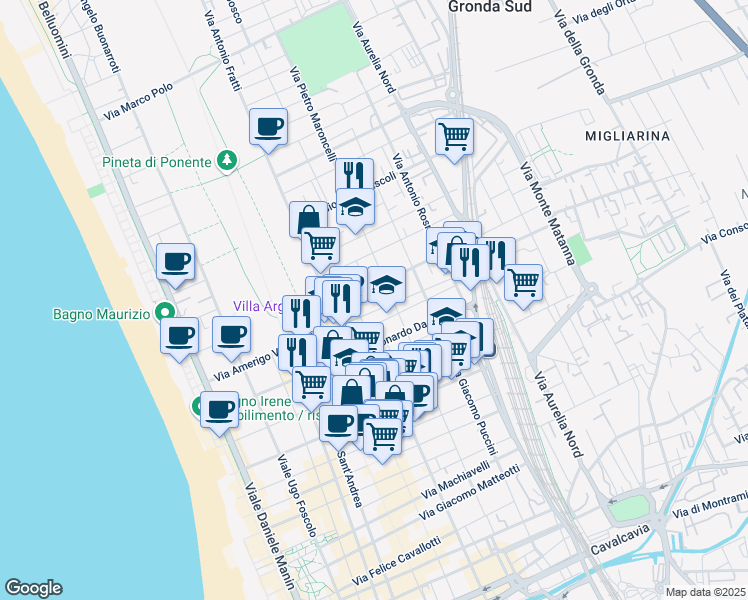 map of restaurants, bars, coffee shops, grocery stores, and more near 92 Via Edmondo de Amicis in Viareggio