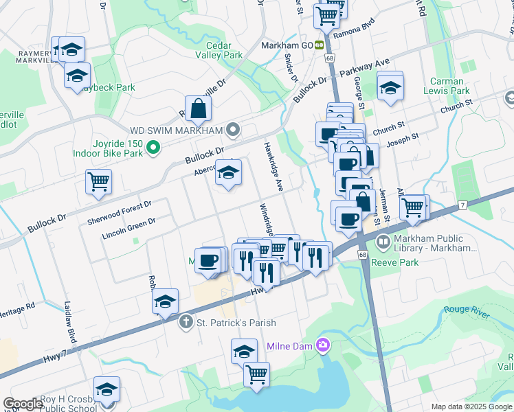 map of restaurants, bars, coffee shops, grocery stores, and more near 32 Windridge Drive in Markham