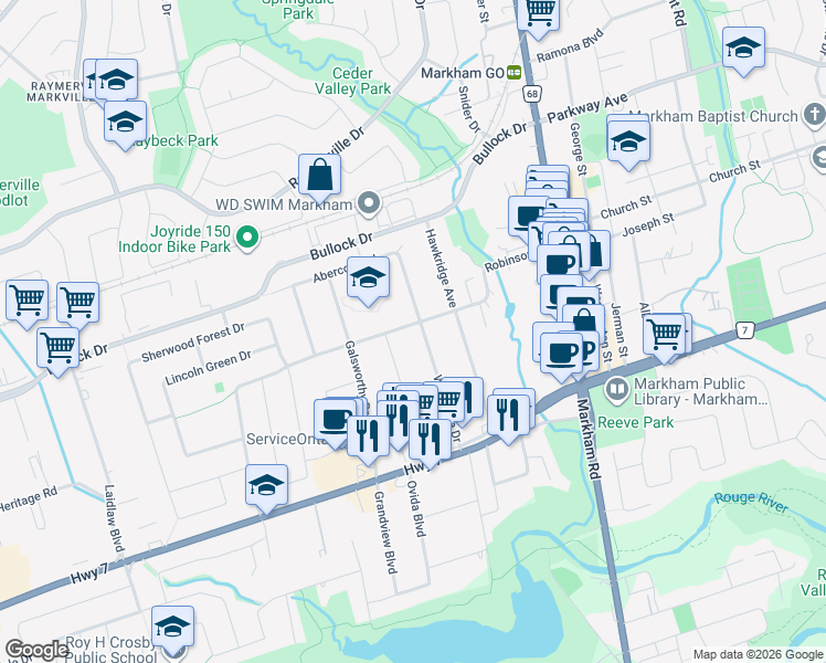 map of restaurants, bars, coffee shops, grocery stores, and more near 32 Windridge Drive in Markham