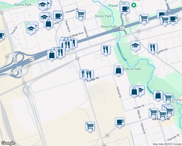 map of restaurants, bars, coffee shops, grocery stores, and more near 289 Cordova Road in Oshawa