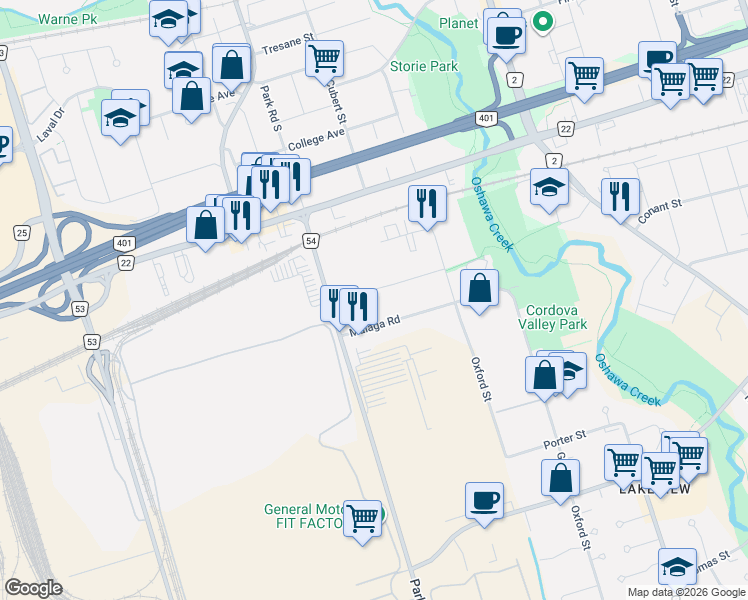 map of restaurants, bars, coffee shops, grocery stores, and more near 283 Cordova Road in Oshawa