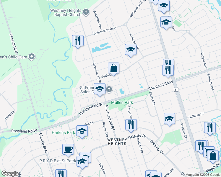 map of restaurants, bars, coffee shops, grocery stores, and more near 15 Dent Street in Ajax