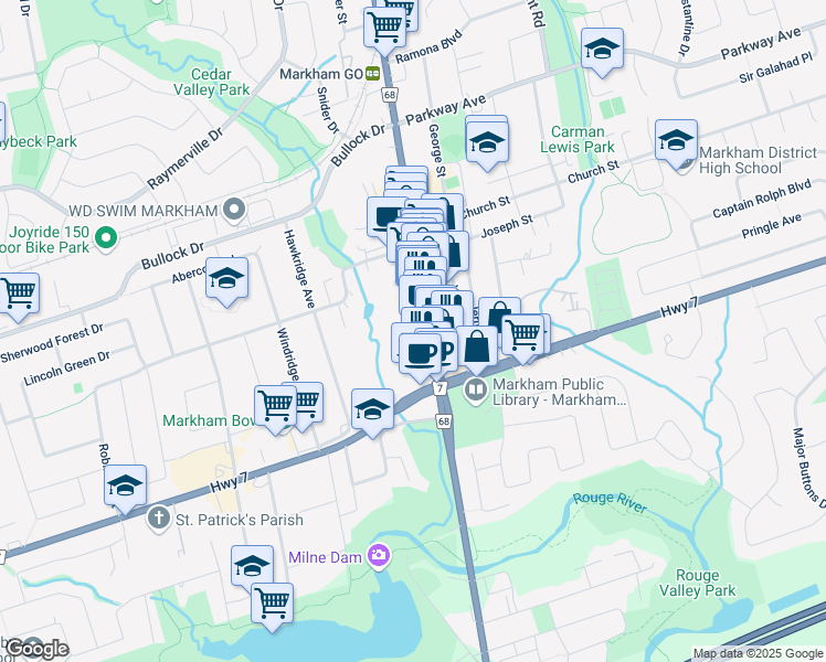 map of restaurants, bars, coffee shops, grocery stores, and more near 46 Main Street Markham North in Markham