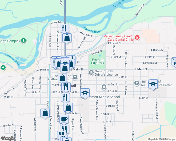 map of restaurants, bars, coffee shops, grocery stores, and more near 115 South McKinley Avenue in Emmett