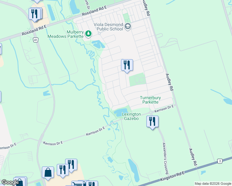map of restaurants, bars, coffee shops, grocery stores, and more near 19 Weatherby Avenue in Ajax