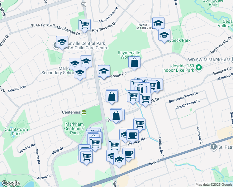 map of restaurants, bars, coffee shops, grocery stores, and more near 84 Sunway Square in Markham