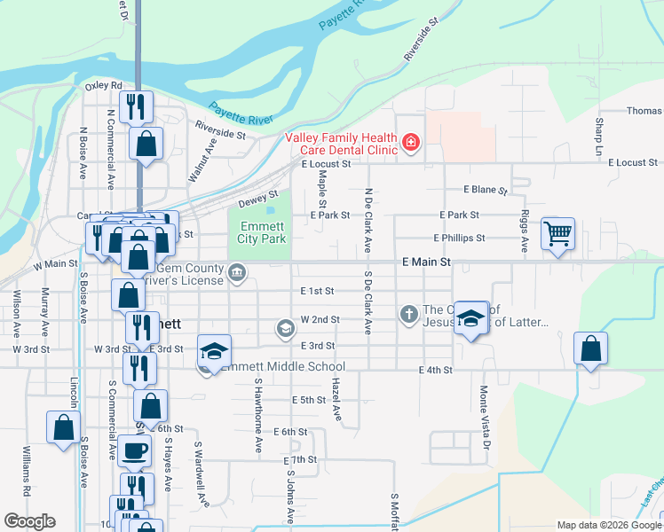 map of restaurants, bars, coffee shops, grocery stores, and more near 709 West Main Street in Emmett