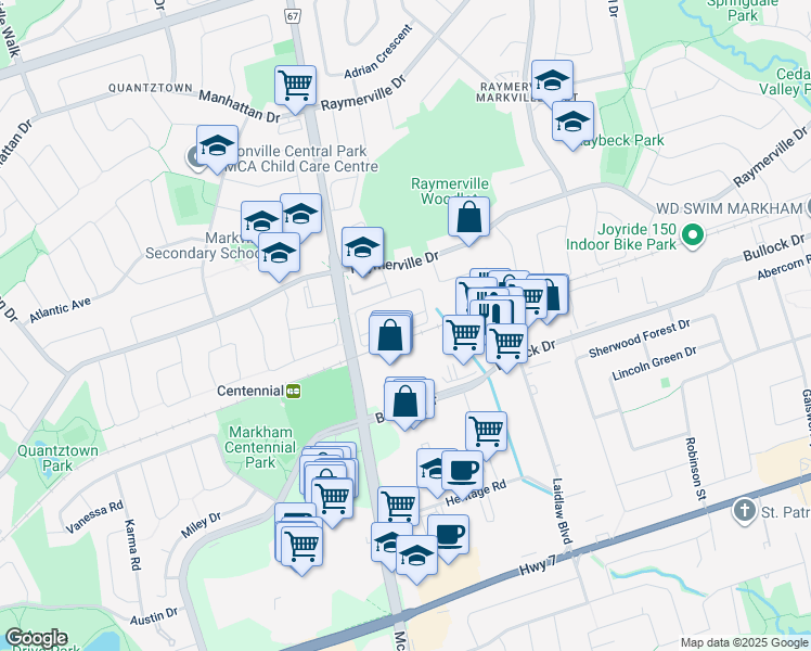 map of restaurants, bars, coffee shops, grocery stores, and more near 84 Sunway Square in Markham