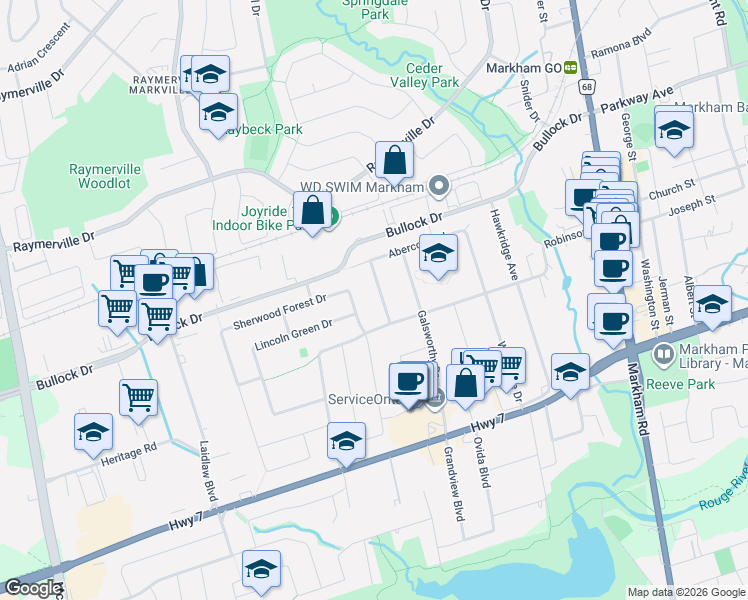 map of restaurants, bars, coffee shops, grocery stores, and more near in Markham