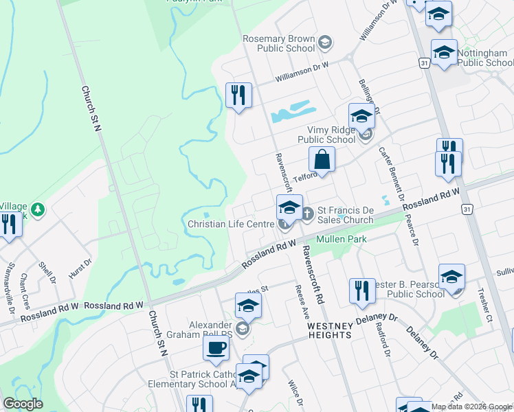 map of restaurants, bars, coffee shops, grocery stores, and more near 19 McCullock Crescent in Ajax