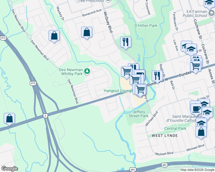 map of restaurants, bars, coffee shops, grocery stores, and more near 2 Hallmark Way in Whitby