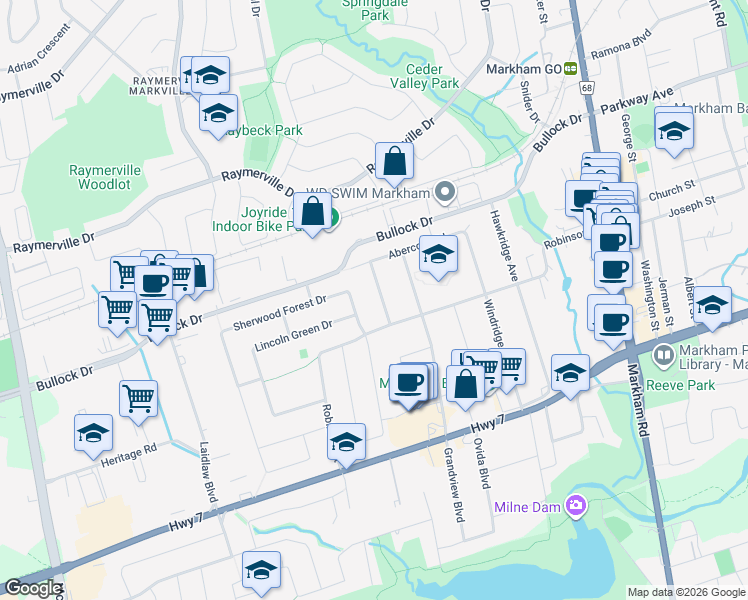 map of restaurants, bars, coffee shops, grocery stores, and more near 10 Grenfell Crescent in Markham