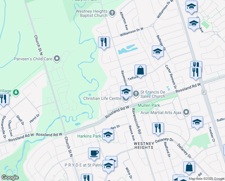 map of restaurants, bars, coffee shops, grocery stores, and more near 21 McCullock Crescent in Ajax