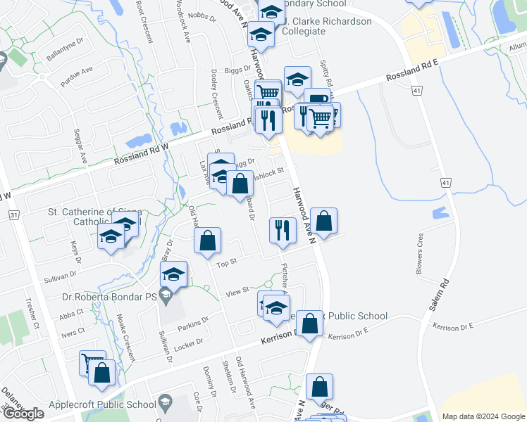 map of restaurants, bars, coffee shops, grocery stores, and more near 116 Fletcher Avenue in Ajax