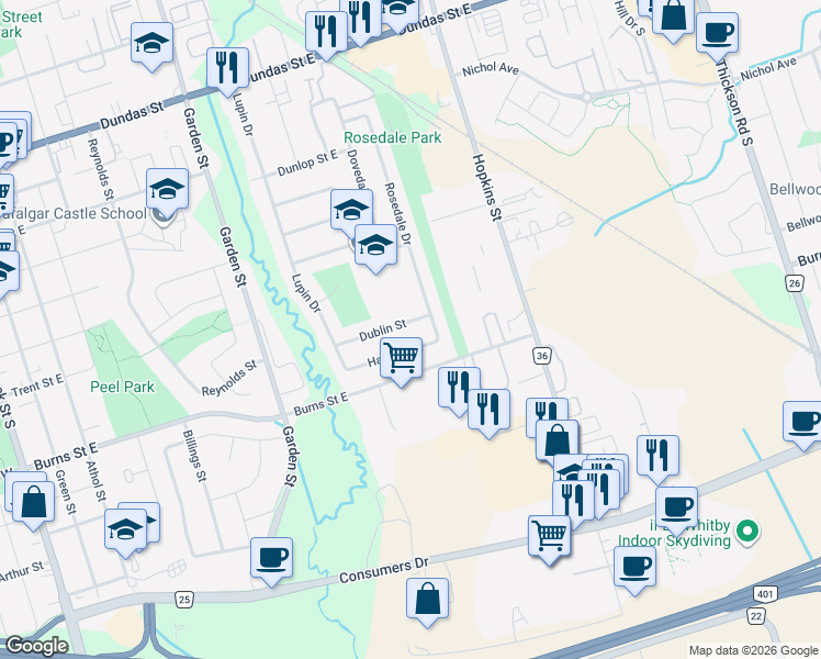 map of restaurants, bars, coffee shops, grocery stores, and more near 929 Dublin Street in Whitby