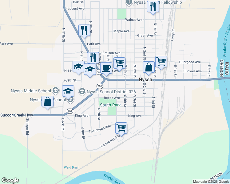 map of restaurants, bars, coffee shops, grocery stores, and more near 412 Reece Avenue in Nyssa