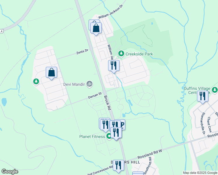 map of restaurants, bars, coffee shops, grocery stores, and more near 1711 Pure Springs Boulevard in Pickering