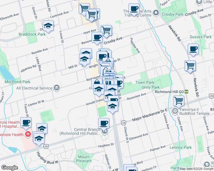 map of restaurants, bars, coffee shops, grocery stores, and more near 10178 Yonge Street in Richmond Hill