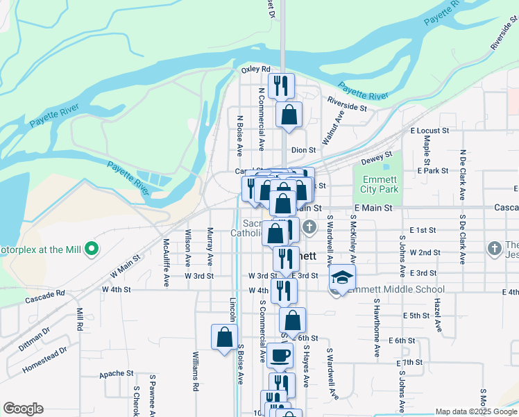 map of restaurants, bars, coffee shops, grocery stores, and more near 121 South Commercial Avenue in Emmett