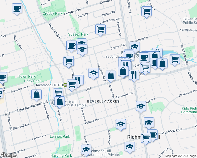 map of restaurants, bars, coffee shops, grocery stores, and more near 83 Sussex Avenue in Richmond Hill