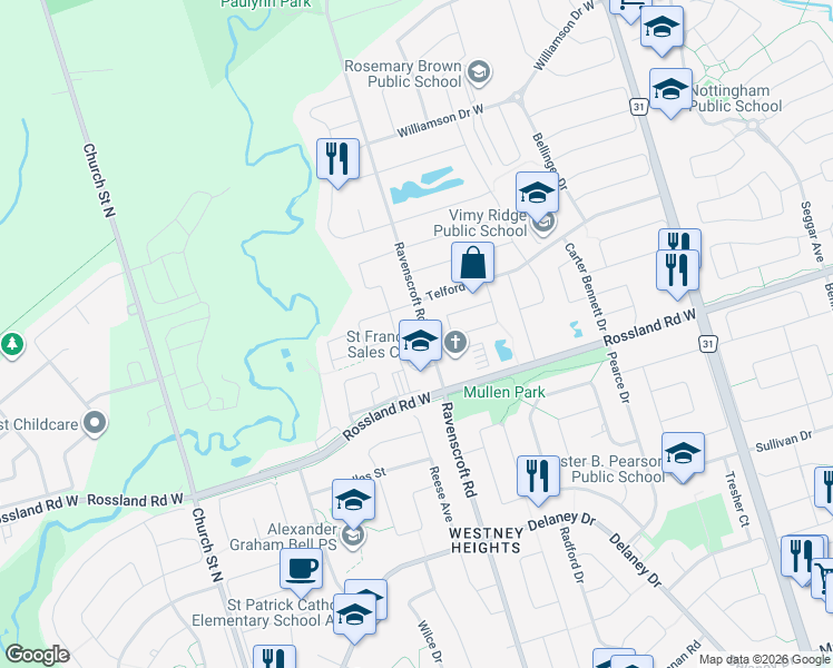 map of restaurants, bars, coffee shops, grocery stores, and more near 13 Murphy Lane in Ajax