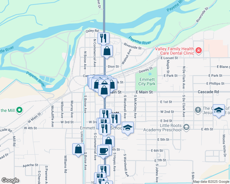 map of restaurants, bars, coffee shops, grocery stores, and more near 4 South Hayes Avenue in Emmett