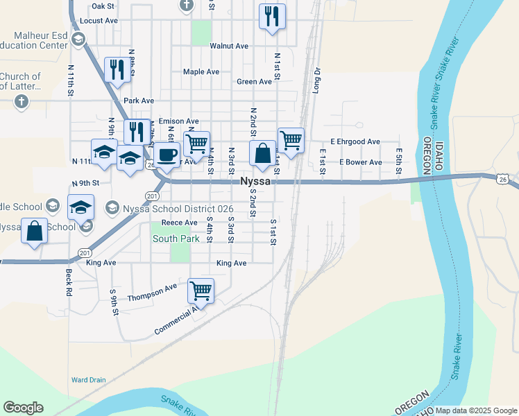 map of restaurants, bars, coffee shops, grocery stores, and more near 117 Good Avenue in Nyssa