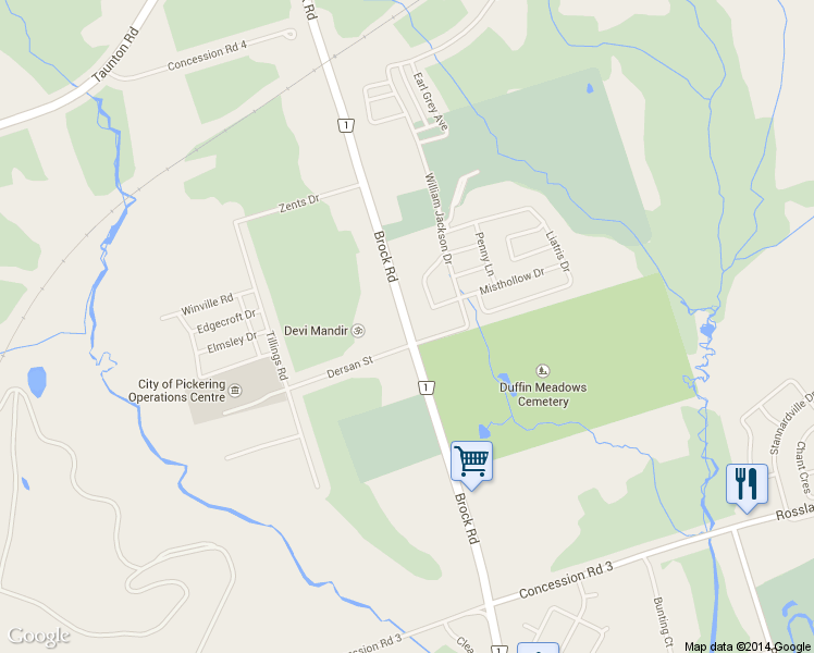 map of restaurants, bars, coffee shops, grocery stores, and more near 2590 Brock Road in Pickering
