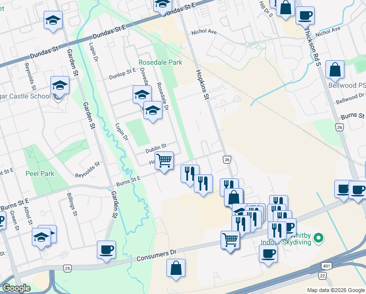 map of restaurants, bars, coffee shops, grocery stores, and more near 943 Harding Street in Whitby