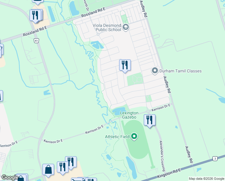 map of restaurants, bars, coffee shops, grocery stores, and more near 19 Weatherby Avenue in Ajax