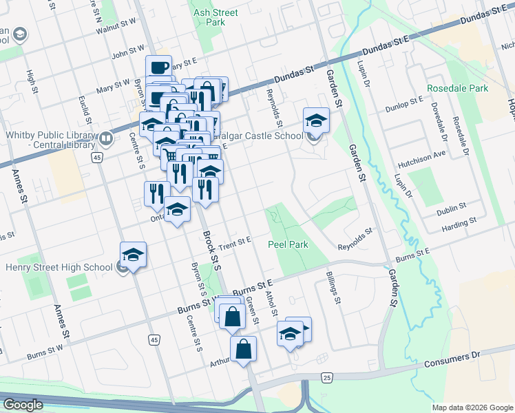 map of restaurants, bars, coffee shops, grocery stores, and more near 308 Saint John Street East in Whitby