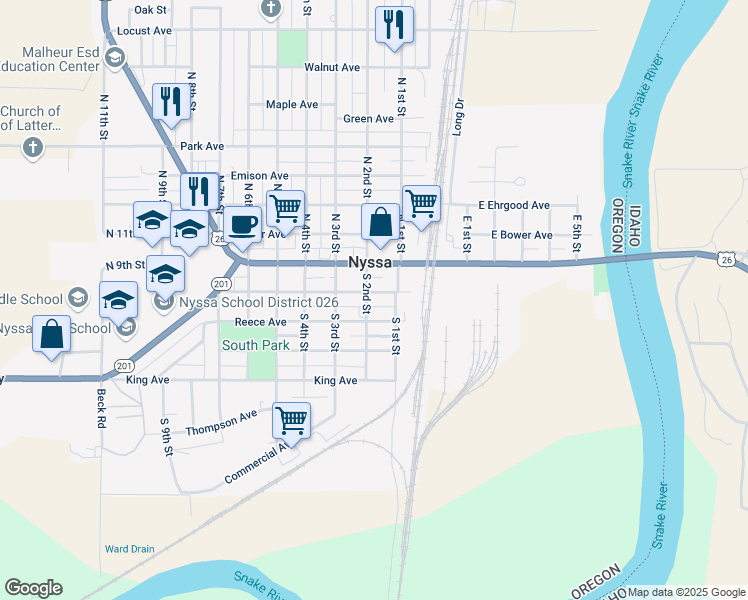 map of restaurants, bars, coffee shops, grocery stores, and more near 117 Good Avenue in Nyssa