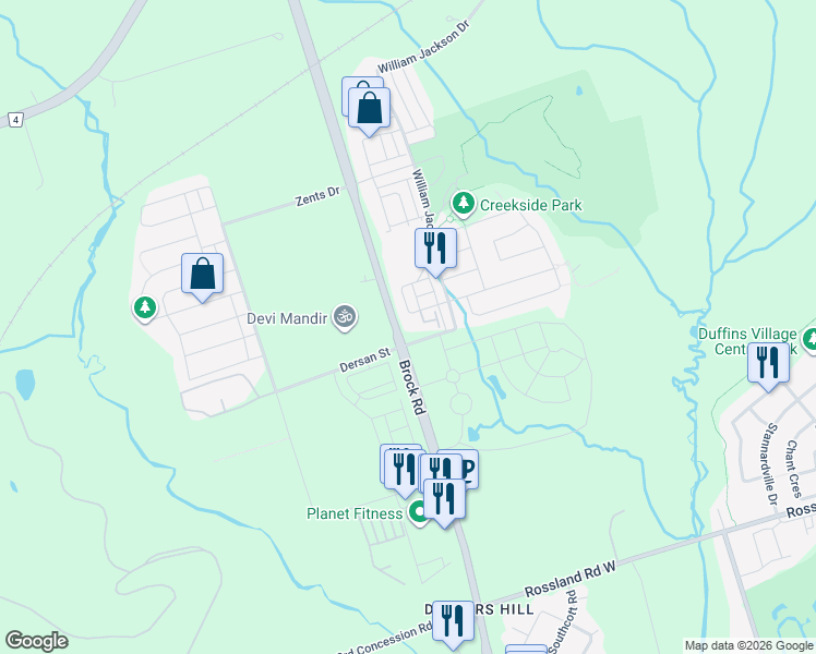 map of restaurants, bars, coffee shops, grocery stores, and more near 1711 Pure Springs Boulevard in Pickering