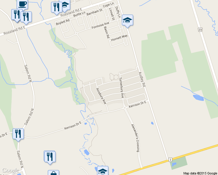 map of restaurants, bars, coffee shops, grocery stores, and more near 22 Byram Downs Street in Ajax