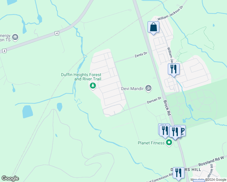 map of restaurants, bars, coffee shops, grocery stores, and more near 1571 Edgecroft Drive in Pickering