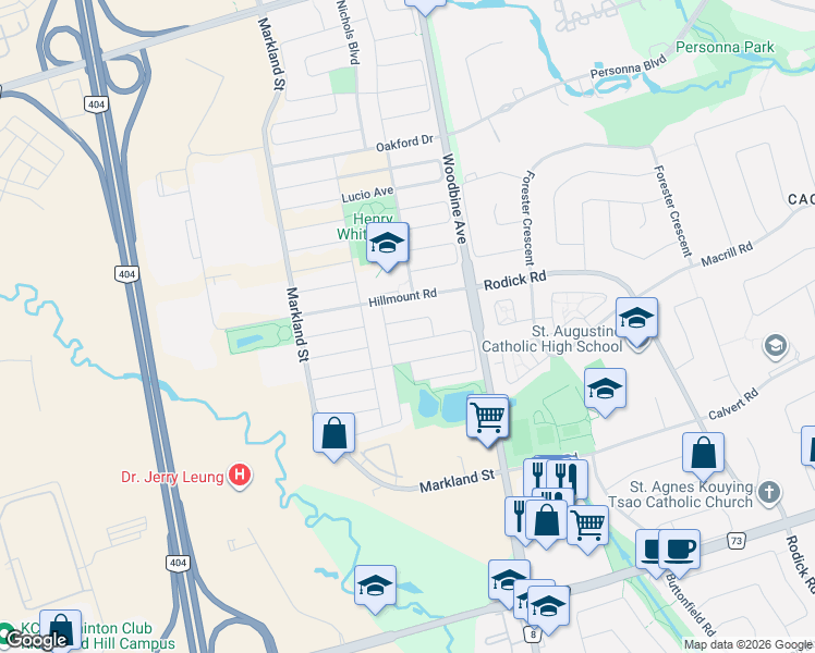 map of restaurants, bars, coffee shops, grocery stores, and more near 9 Summer Mist Crescent in Markham